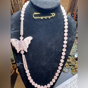 Vintage Rose Quartz Carved Butterfly Necklace